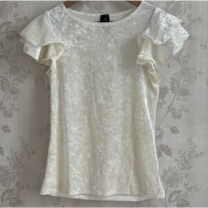 Supernova Ivory Crushed Velvet Ruffle Sleeve Top Sz S Coquette Light goth Fairy